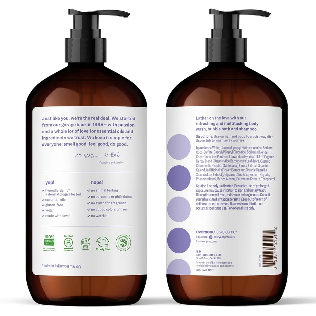 3-In-1 Soap, Body Wash, Bubble Bath, Shampoo, 32 Ounce (Pack of 2), Lavender and Aloe, Made with Essential Oils for Men and Women