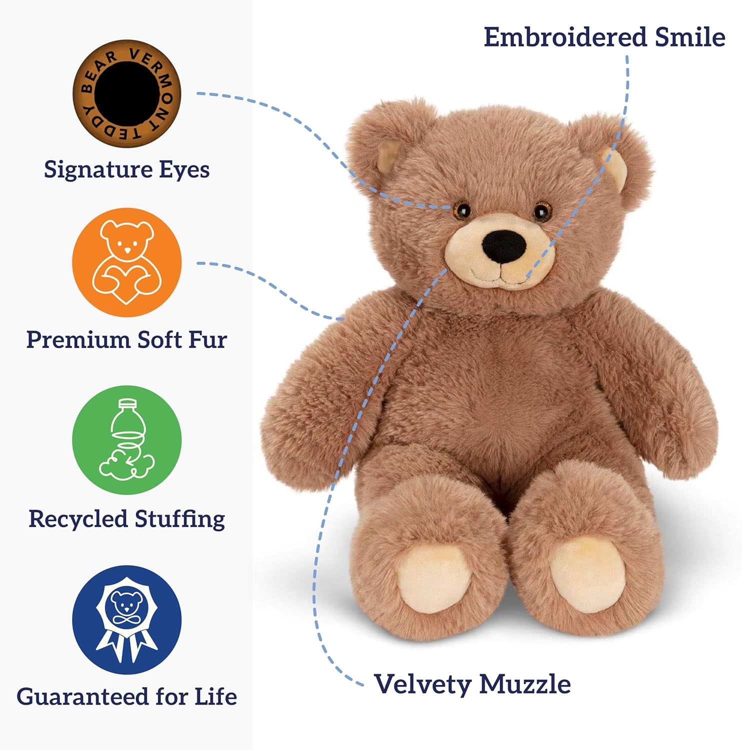 Brown Teddy Bear Stuffed Animal - Cuddly Cozy Bear Plush, Hand-Stitched in Vermont - 18 Inch - Romantic Gift for Kids & Adults - Oh so Soft Collection
